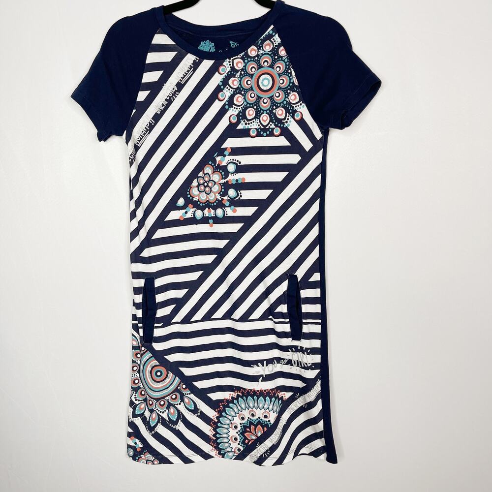 Desigual Girls 13/14 Blue White Striped You Go Girl Short Sleeve Tshirt Dress